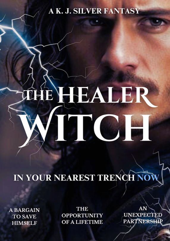 Movie poster I've made on canva. In the background, is a picture of Orlando Bloom, unsure in which role. I've put two lighting strikes to the top left and right bottom. White text reads: A K.J Silver Fantasy. The Healer Witch. In your nearest trench now. A bargain to save himself, the opportunity of a lifetime, an unexpected partnership. 
