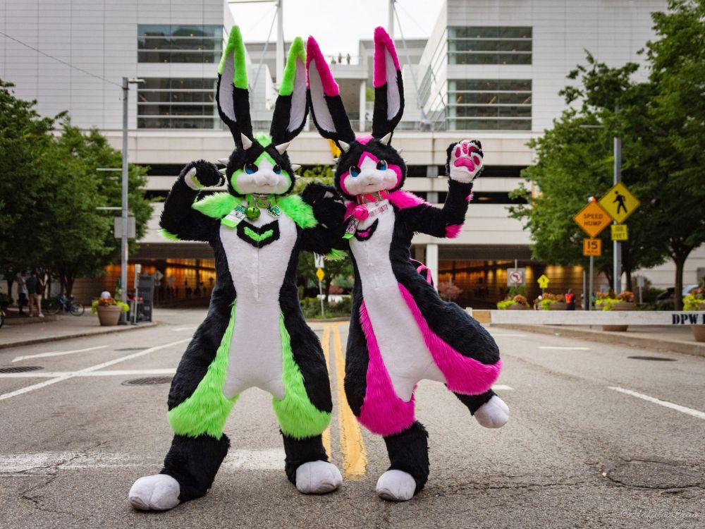 Gizmo and Gadget, two Dragunny (Dragon bunny) fursuiters. Both have black and white fur, but Gizmo has Neon Green fur where Gadget has Neon Pink fur. They’re both standing in an empty street in Pittsburgh, with Anthrocon’s Convention Center in the background! Photo by Hokuloa Luau
