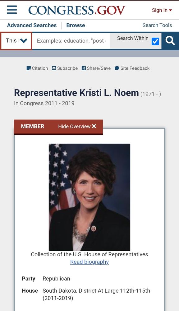 Congress.gov screenshot showing an old picture of representative Kristi noem with a very short choppy haircut and not the same face she currently has