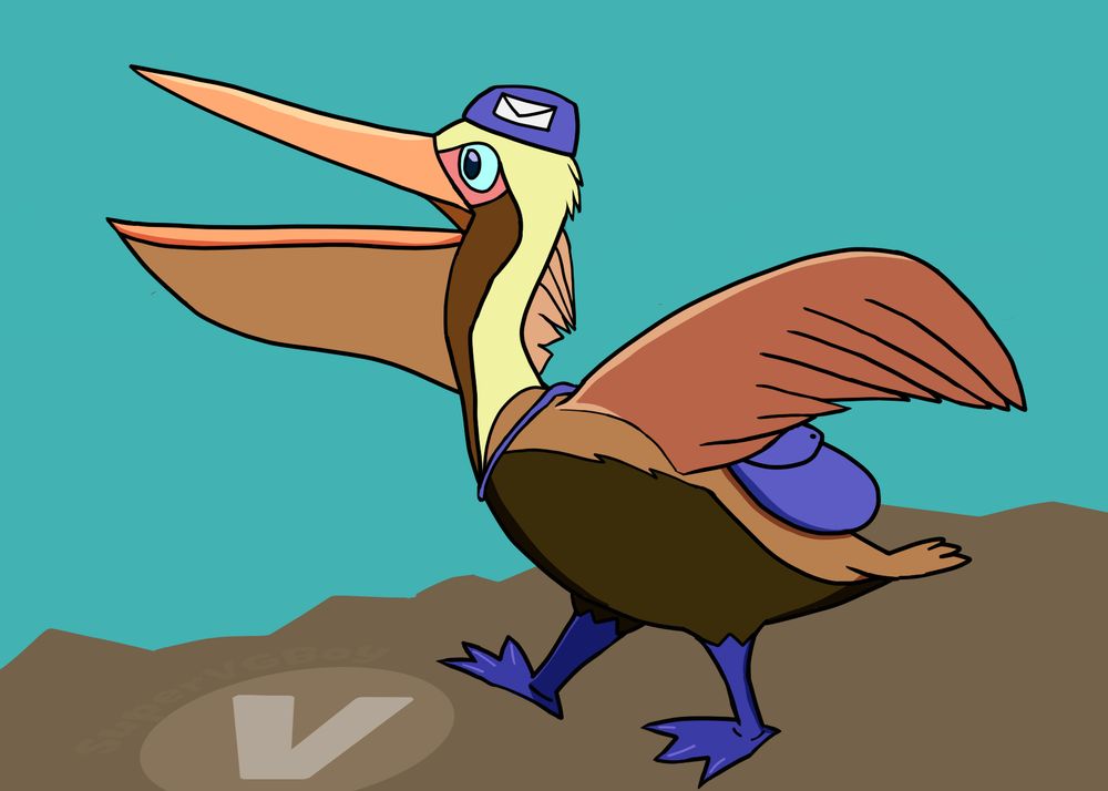 A brown pelican with a mailbag and wearing a hat with a envelope on it walking across an abstract rocky shoreline