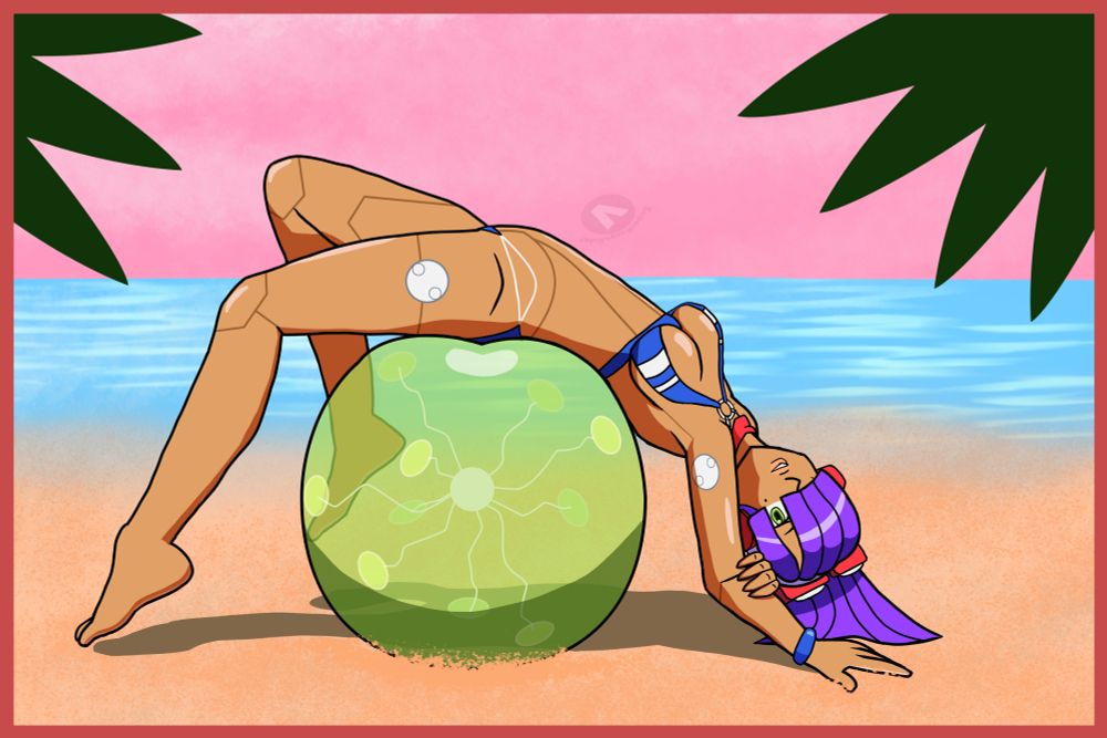 Layer from Mega Man X in a blue bikini, on a beach, laying down on a green beach ball styled after a plasma sphere