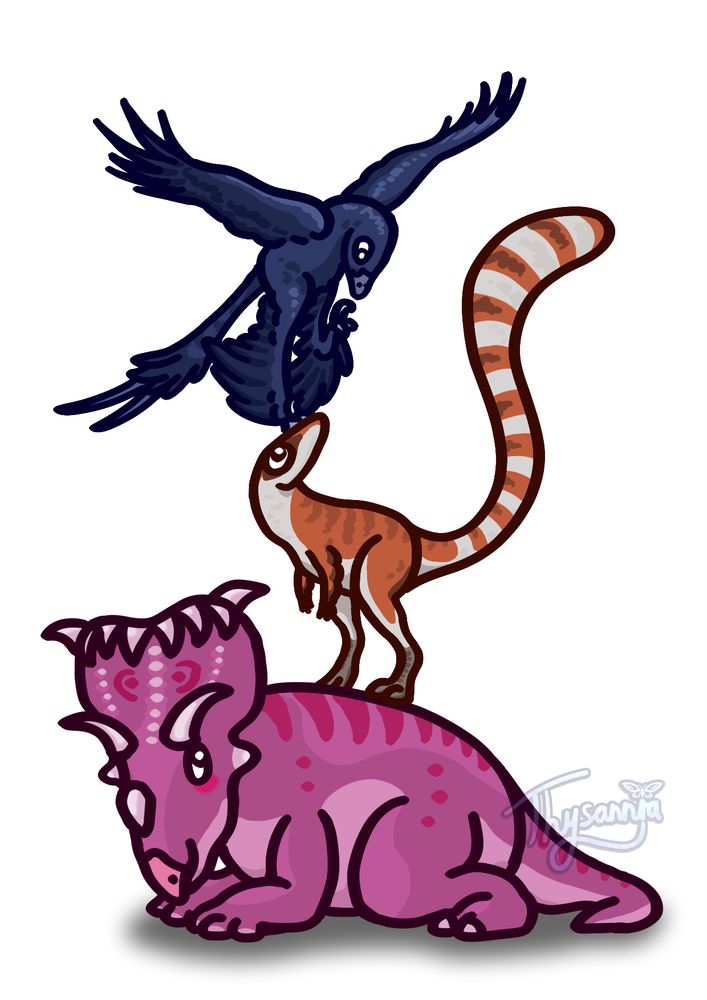 A trio of cute chibi dinosaurs stacked on top of each other. Lying down at the bottom is a pink Kosmoceratops, a horned dinosaur with lots of downwards curving horns on the top edge of its frill. Standing on top of its back is a Sinosauropteryx, a little fluffy orange dinosaur with a long fluffy tail marked with white bands. Perched atop its head is a Microraptor, a navy blue bird-like dinosaur with wings on both its arms and its legs, as well as a long tail with two prominent display feathers at the end.