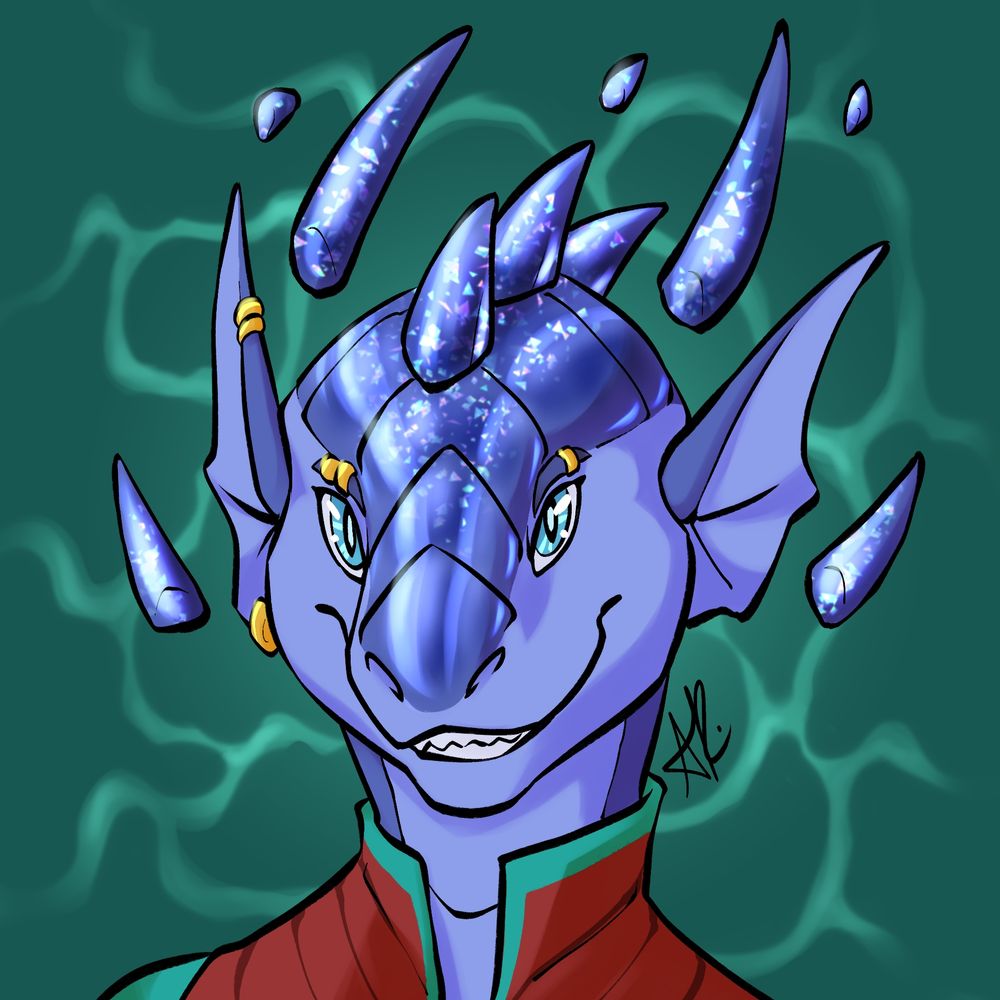 A digital bust drawing of a sapphire dragonborn. She has dazzling sky blue eyes, several gold face piercings, and four large oblong sapphire gems floating around her head. She is wearing a high collared red shirt.