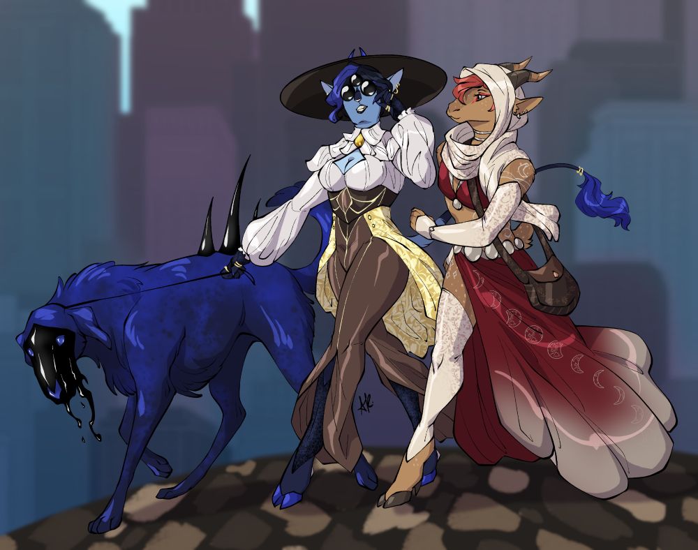 A digital drawing of two OCs and a strange dog. One OC is Blue, who is a blue-furred tabaxi/tiefling with dark hair, goat hooves, and a long tufted tail. They are wearing a fashionable outfit consisting of a wide-brimmed hat, a flouncy white blouse, a corset with a yellow hip cape, and long brown pants that split into bell bottoms at the shins. They are wearing large black round sunglasses with an extra lens that makes it look as though they have a third eye. The other OC is Silas, a brown-furred satyr with short red hair, medium-length brown horns, and a short tail. They are wearing a white and red scarf that wraps around their head, neck, and over one shoulder, a red bikini top garnished with some silver jewelry, and a long, flowing red and silver skirt with the phases of the moon printed down the length of it. A dark brown bag with leaf embroidery hangs from their shoulder, and they also wear white and red arm sleeves and leg sleeves that match their scarf. The two of them are walking a strange dark blue dog named Church, whose face is a black inky goop in the vague shape of a borzoi snout. His fur is mottled dark blue and he has three black spikes atop his hips. 