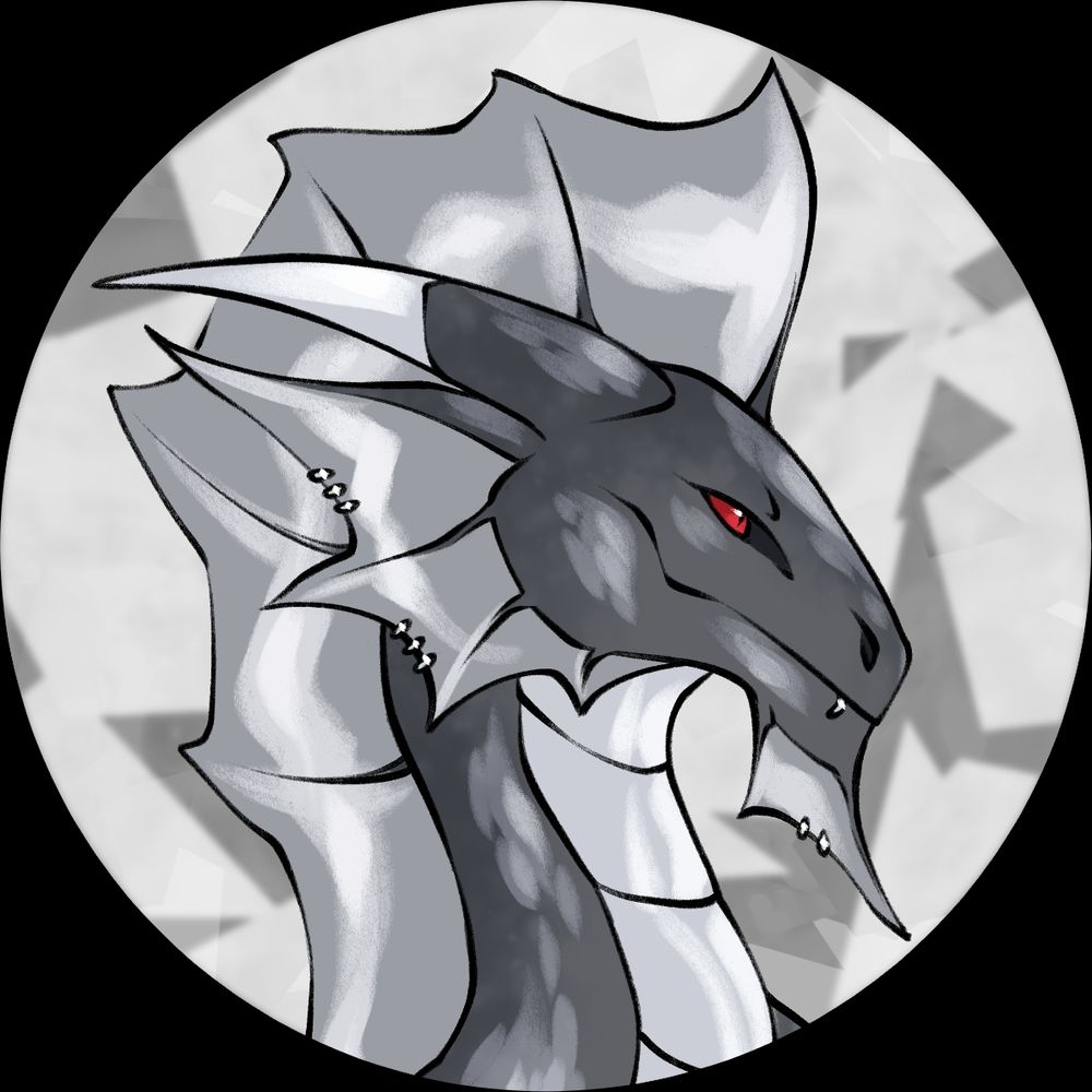 A digital bust drawing of a silver dragonborn. They are based on the classic D&D silver dragon, with a large silver head fin, large finned ears, and a pointy chin fin. They have long, sleek head horns and sunken red eyes. 