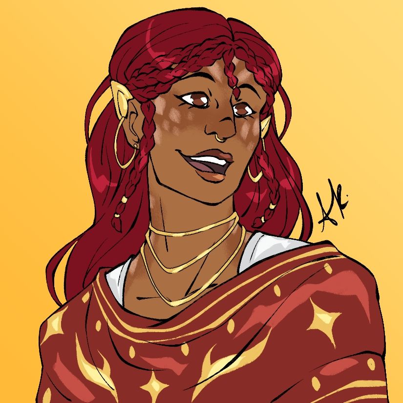A digital bust drawing of a red-haired centaur. She has ruddy skin and lighter dappled spots on her cheeks and neck. Her hair is long and has several braids. She wears lots of gold jewelry and a large red sash across her chest with gold accents.
