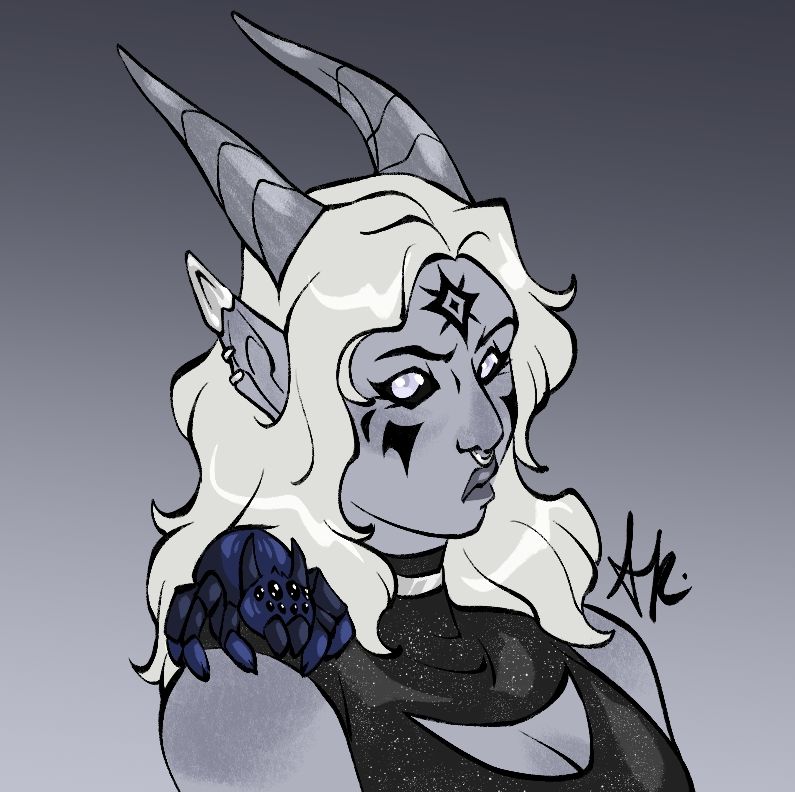 A digital bust drawing of a gray skinned tiefling. She has pale eyes and hair, silver jewelry, and black facial markings. A dark blue tarantula with tiny horns perches on her shoulder. She wears a sleeveles turtleneck top and a silver choker.