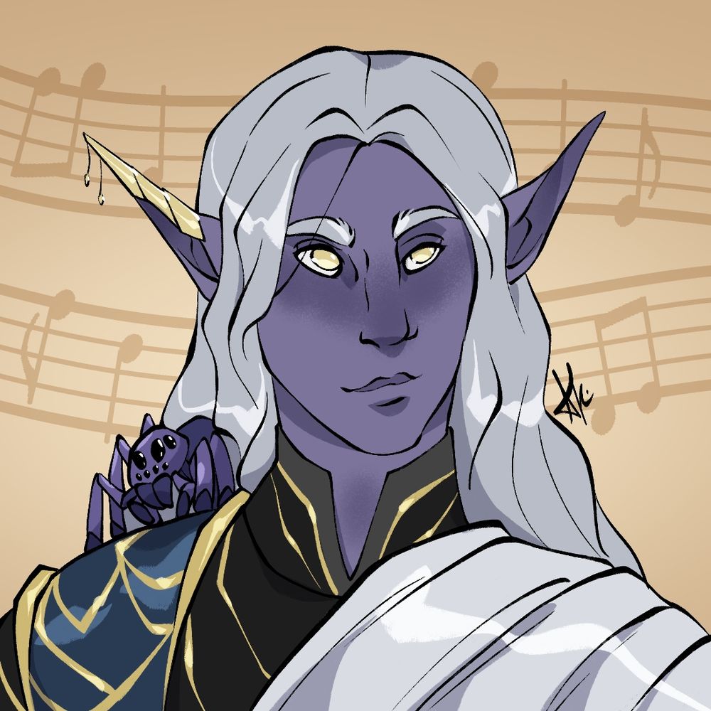 A digital bust drawing of a nonbinary drow bard. They have long silver hair, lavender skin, and pale golden eyes. A small purple tarantula rests on their shoulder. They wear blue and gold armor with a white sash over one shoulder.