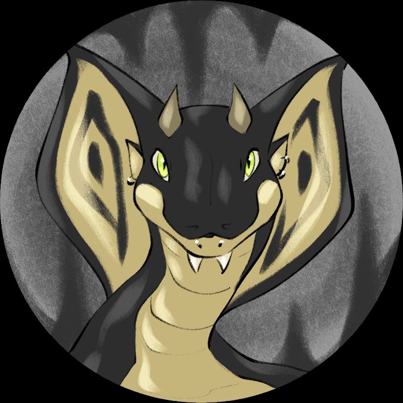 A digital bust drawing of a black dragonborn. They are based off a king cobra with black scales, yellow underbelly, and a large hood splayed out either side of their head. They have two small chin horns and two small horns above their pale green eyes. 