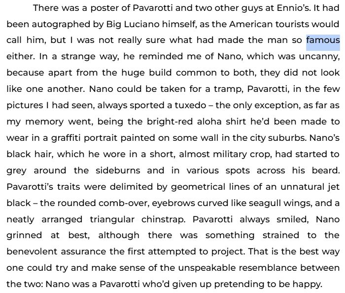 There was a poster of Pavarotti and two other guys at Ennio’s. It had been autographed by Big Luciano himself, as the American tourists would call him, but I was not really sure what had made the man so famous either. In a strange way, he reminded me of Nano, which was uncanny, because apart from the huge build common to both, they did not look like one another. Nano could be taken for a tramp, Pavarotti, in the few pictures I had seen, always sported a tuxedo – the only exception, as far as my memory went, being the bright-red aloha shirt he’d been made to wear in a graffiti portrait painted on some wall in the city suburbs. Nano’s black hair, which he wore in a short, almost military crop, had started to grey around the sideburns and in various spots across his beard. Pavarotti’s traits were delimited by geometrical lines of an unnatural jet black – the rounded comb-over, eyebrows curved like seagull wings, and a neatly arranged triangular chinstrap. Pavarotti always smiled, Nano grinned at best, although there was something strained to the benevolent assurance the first attempted to project. That is the best way one could try and make sense of the unspeakable resemblance between the two: Nano was a Pavarotti who’d given up pretending to be happy. 