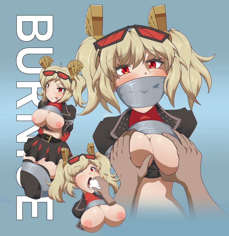 Burnice from Zenless Zone Zero tied up with duct tape, then being gagged with a cloth stuffed in her mouth and even more tape. Also, her boobs are out and they get played with.