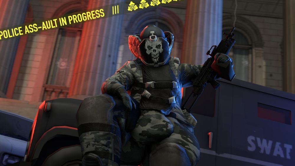 A PayDay 2 Bulldozer with a fat ass and large bulge poses in front of a SWAT van.