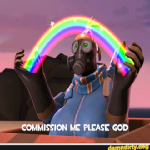 Sage the fempyro holding her hands up as a rainbow bridges her palms, in the style of Spongebob's "Imagination" still, including image artifacts and watermarking. text on the image reads "commission me please god"