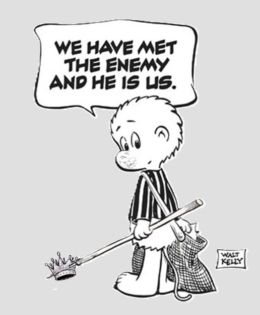We have met the enemy and he is us. Comic strip character Pogo with a crown stuck on the end of a pole he is using to pick up litter.