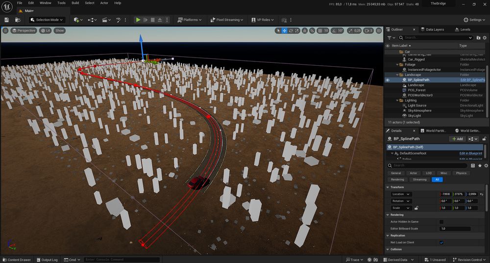 In engine view from Unreal Engine 5.3. Making the procedural environment with the PCG tool. Road and bridge has been modeled in Blender.
