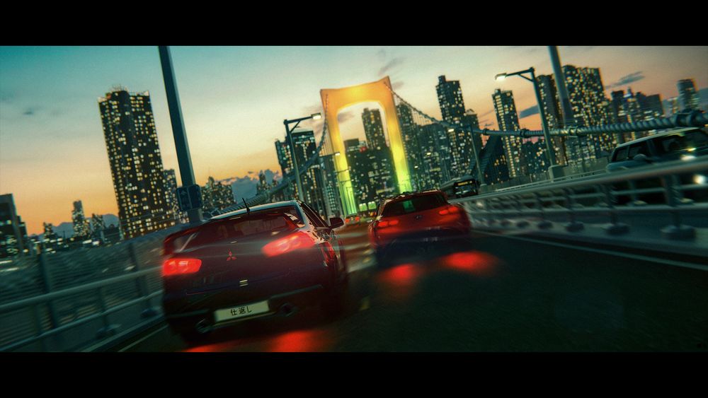 First frame on five for a personnal keyframe project. It depicts a chase between two cars in Tokyo. It also follows an older 3D animation project on the same subject.