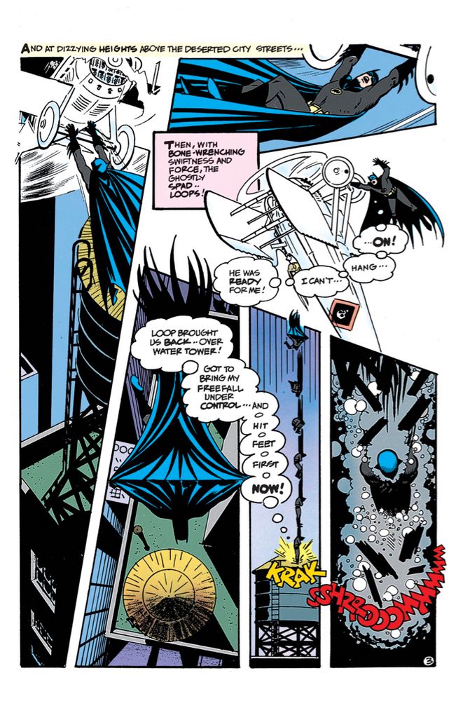 While trying to climb aboard a phantom biplane (don’t worry about it), Batman is shaken off and performs an acrobatic maneuver to break his fall by crashing into a water tower.