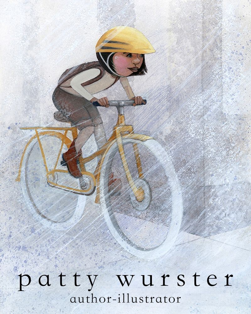 Girl riding bike on a sidewalk in a city in the rain. Patty Wurster, author - illustrator.