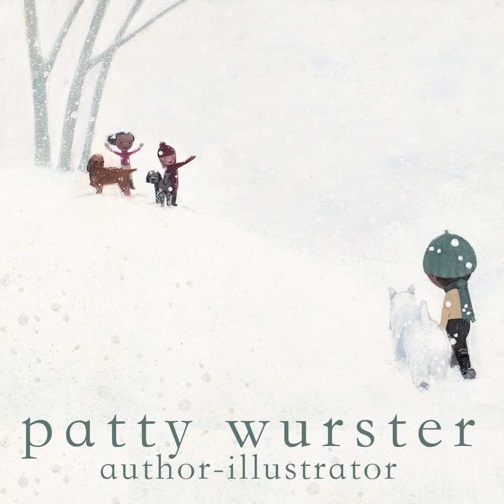 Snowy day children’s illustration with three friends and their dogs meeting. The kid and his white dog in the foreground are walking towards the other two kids waving with their dogs in the distance standing by a tree on a hill. One dog is black and the second dog is brown red. This illustration is hand painted in gouache on hot pressed watercolor paper. The illustrator is Patty Wurster.