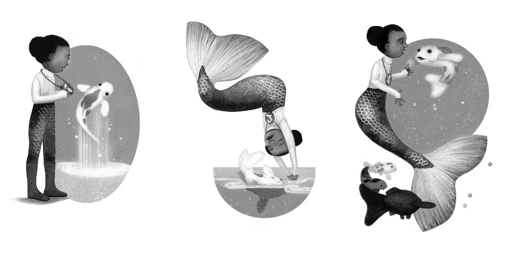 Wearing the medallion, the girl transforms into a mermaid and visits with her koi friends underwater.