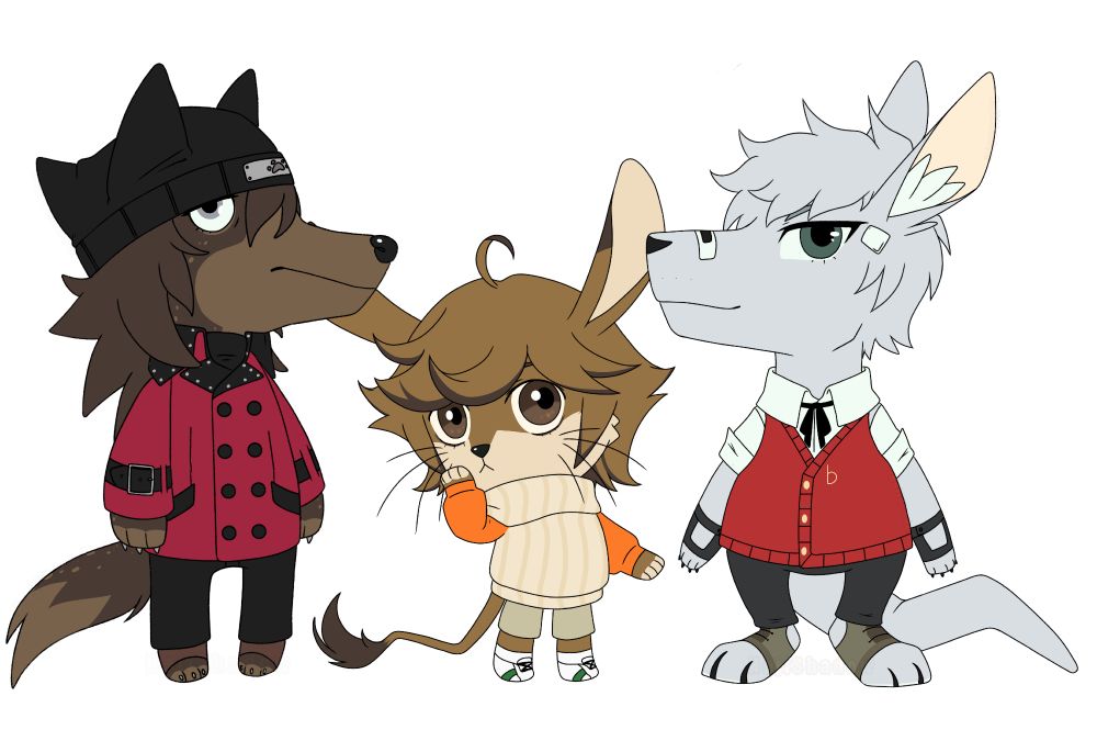 Artwork of Shinjiro Aragaki, Ken Amada, and Akihiko Sanada from Persona 3 as furries, drawn in the Animal Crossing style. 

Shinjiro is a hyena. He faces right, gaze mildly annoyed or bothered. 

Ken is a Jerboa. He is facing right with his head turned to the left, one paw against his cheek. 

Akihiko is a kangaroo. He's facing the left with a small smile. 