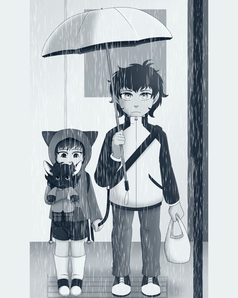 Art of two characters standing in the rain. On the left is a younger Yuuki Mishima, he's wearing a raincoat with cat ear adornments on top, alongside shorts and leg warmers. He's holding a large plush cat in one arm and a strap attached to the second character's sling bag in the other. He's looking at the cat plush.

On the right is a slightly older character. She's holding an umbrella in one hand and a grocery bag in the other. She's wearing a windbreaker, a sling bag, and plain pants and sneakers. The umbrella is tilted to cover more of Mishima than her. 
Both of them are waiting at some sort of crosswalk.