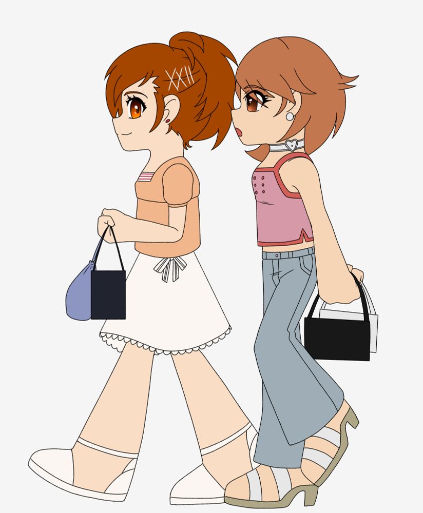 Kotone Shiomi and Yukari Takeba from Persona 3. Both are walking to the left, shopping bags on their arms. They're looking at eachother as Yukari talks