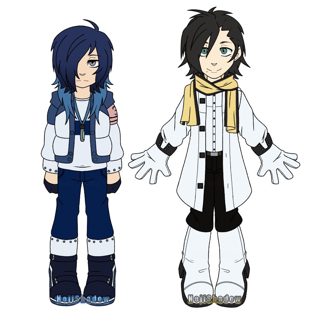 Chibi art of Makoto Yuki and Ryoji Mochizuki from Persona 3, drawn respectively as Aoba Seragaki and Clear from Dramatical Murder.

Their outfits are mostly visibly based on Aoba's and Clear's, with small cues from their source outfits, such as: Ryoji's scarf being the same as his Persona 3 one, Makoto's shoulder patch resembling the SEES armband, their shirts matching their original designs, and the colors being those of their core designs. 