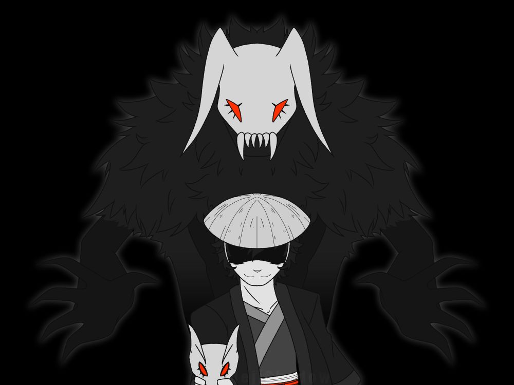 Artwork of a Persona 5 AU by Crimpeeko. It's all in monochrome aside from bright red accents.
Akira stands in center frame holding a mask, face cast in shadow. A monster flanks him with arms wide - this is his alternate form. The barest white glow is behind the monster to break him up from the black background.