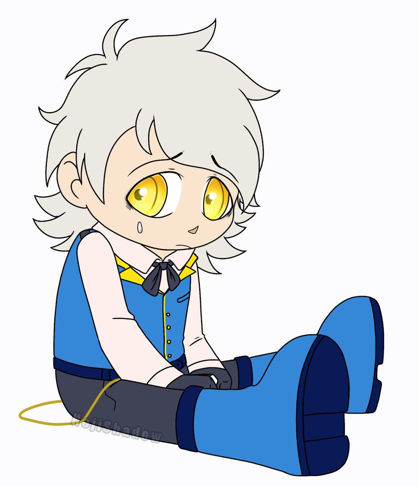 Chibi artwork of a Persona 3 Velvet Room Attendant OC.

He has grey hair, yellow eyes, a blue vest and blue shoes, and dark grey pants and gloves. A chain is connected to his belt.

He is sitting with his legs to the side, looking off frame. He's slightly hunched with a worried / tired expression.