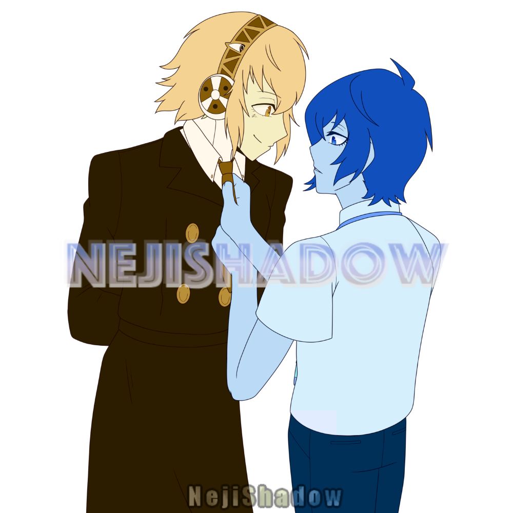 Fanart of Aigis and Makoto Yuki from Persona 3. 
Aigis is wearing her Persona 4 Arena clothes, a long black trenchcoat and a tie. Makoto is wearing a regular dress shirt and pants, alongside his MP3. His focus is on adjusting Aigis' tie, not noticing that Aigis is smiling and looking at him. 