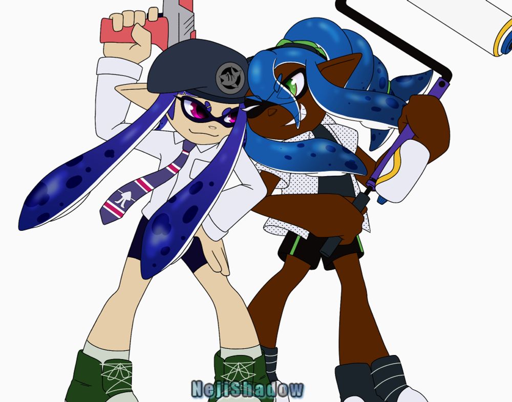 Artwork of two Inklings. On the left is an inkling girl, holding a zapper. She has a beret, white dress shirt, striped tie, shorts, and sneakers. Her tentacles are purple and her eyes are pink.

The inkling on the right is holding a roller. They're wearing a white shirt with black polka dots, black tshirt, shorts with a green stripe on the side, goggles on top of their head, and sneakers. His tentacles are blue and his eyes are green.