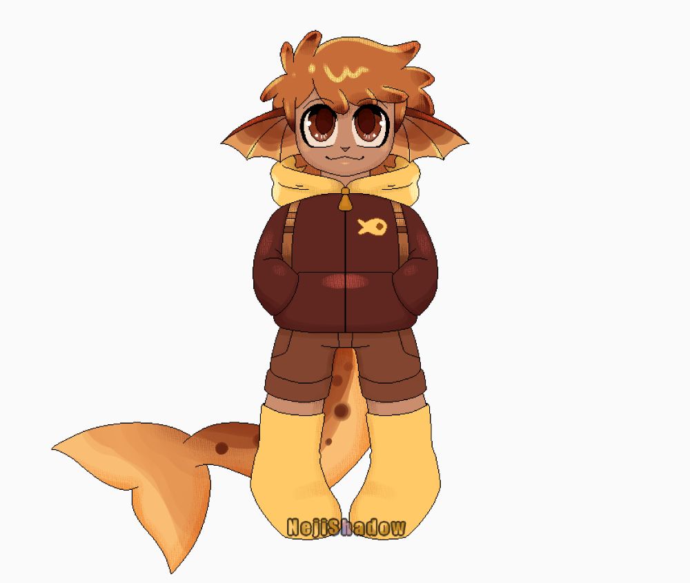 Pixel art of a chibi fish Kemonomimi. He has fluffy orange hair with brown tips, a long dolphin tail that matches his hair color, and finds in place of ears. He's wearing large rain boots, a dark hoodie with a fish logo, shorts, and a backpack. His hands are in his jacket pockets.