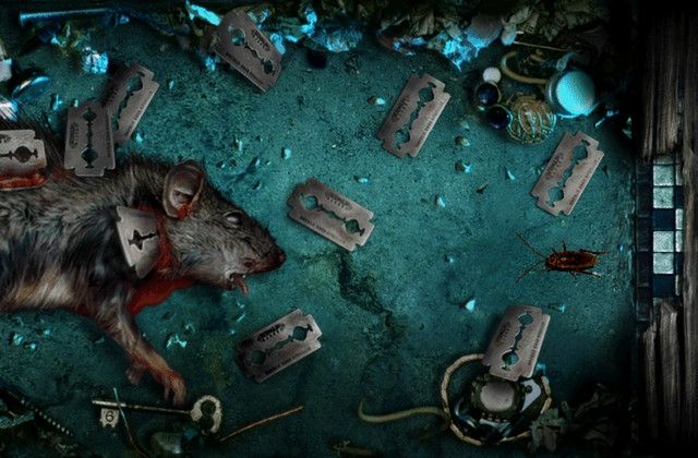 Captura de tela de Bad Mojo. Em uma visão aérea, um rato aparece com o pescoço cortado por uma lâmina. Várias outras lâminas aparecem espalhadas pelo chão. À direita, uma barata está parada em meio às lâminas 