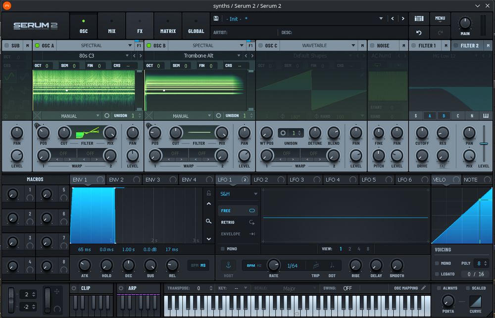 a screenshot of serum 2 running in bitwig on linux. it's slightly disheveled, with odd looking text and rendering artifacts on various waveform, envelope, and filter displays