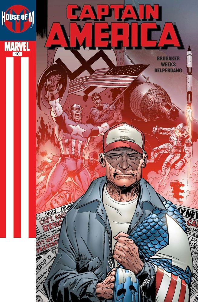Steve Rogers já bem velho, segurando seu antigo uniforme e com diversas memórias ilustradas ao fundo, como sua parceria com Bucky, sua luta contra os nazistas e a corrida espacial