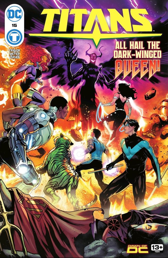 Os Titans encaram uma figura sombria e demoníaca, provavelmente alguma entidade que tomou o corpo de Ravena