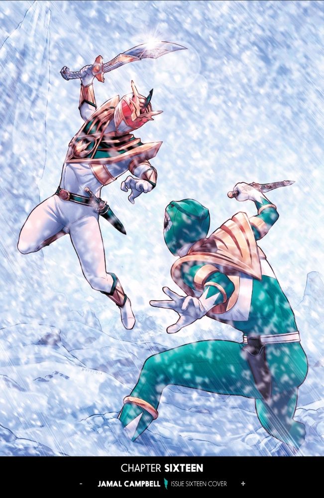 Tommy lutando na neve contra sua versão malvada, Lord Drakkon