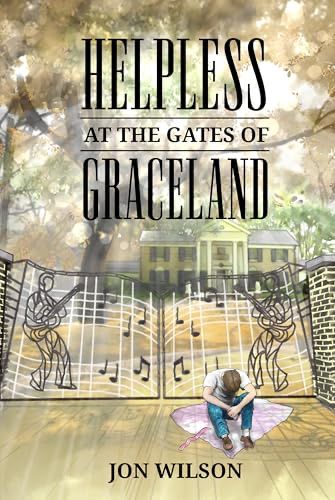 Book cover featuring a color illustration of a man sitting on a towel next to a red ribbon. He has his head down and looks downtrodden. He is sitting in front of the gates of Graceland. The background has an evening sun shining through trees with a house in the background. The title reads “Helpless at the Gates of Graceland” by Jon Wilson. 

#illustration
#commission
#books