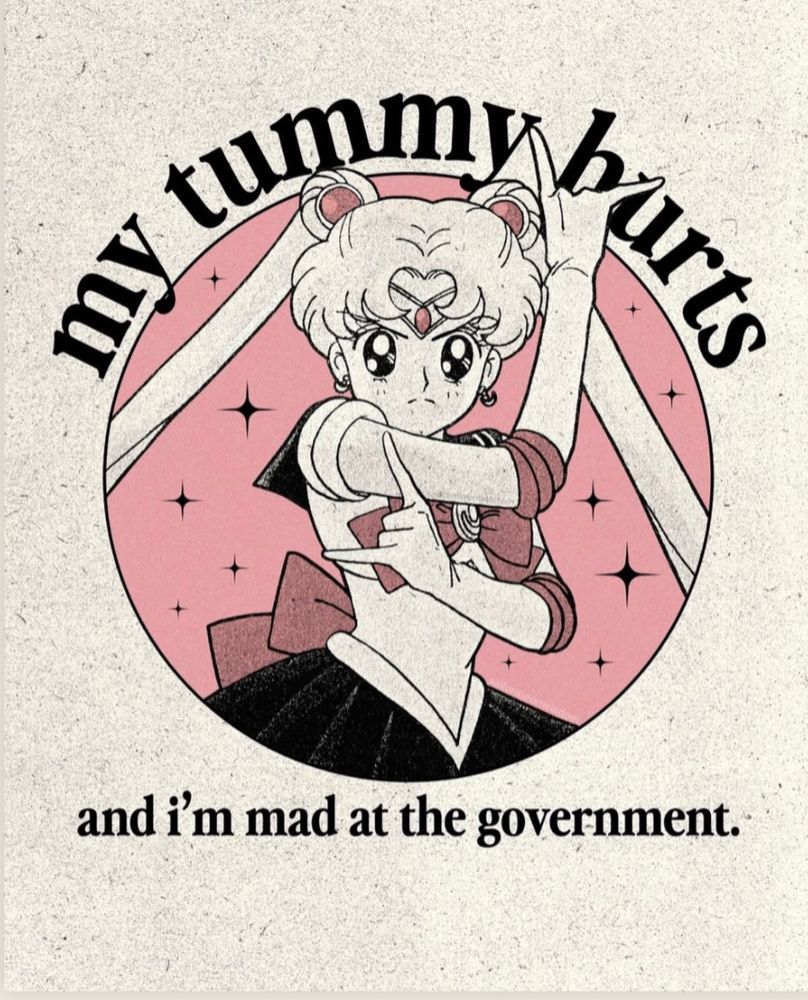 Black and white illustration of Sailor Moon. Text at top: My Tummy Hurts.
Bottom text: and I’m mad at the government.