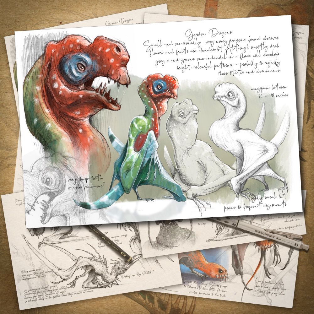 Pages from my book, featuring a mixture of pencil sketches and brightly coloured illustrations of small dragons.