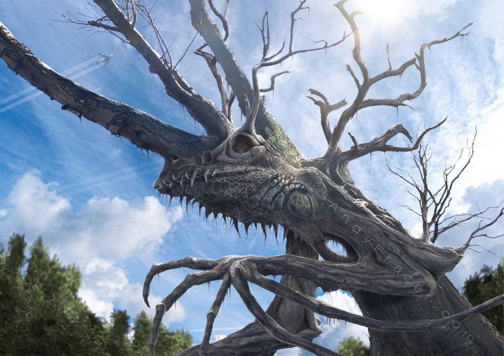 A digital illustration: and old, gnarled tree, whose branches resemble clawed limbs, with a reptilian head seeming to grow from the trunk. Part tree, part ancient, sleeping dragon. In the background, an aircraft soars overhead in a blue sky. 