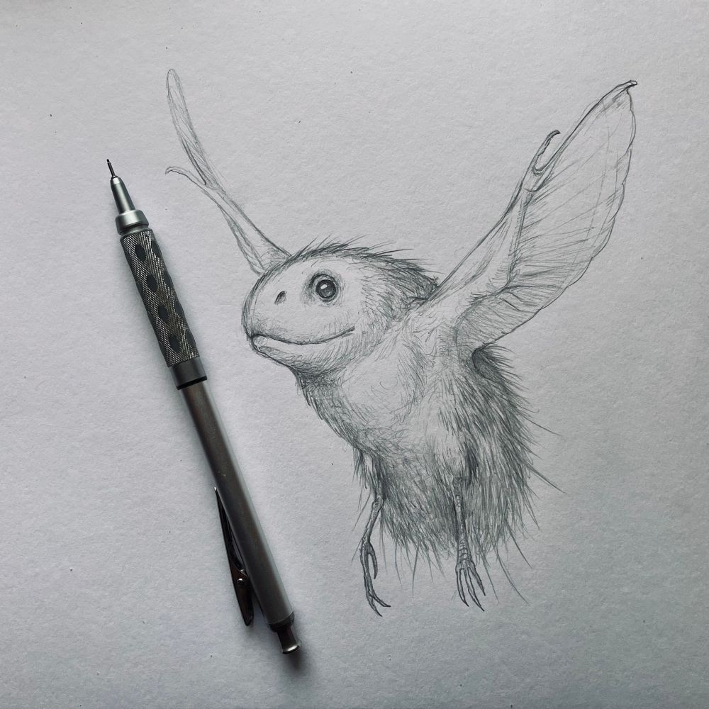 A photo of a quick pencil sketch of a tiny dragon. It is the size and shape of a bumble bee - and just as fuzzy,
but with a slightly more reptilian head with dark, beady eyes, slender legs and short, leathery wings. 