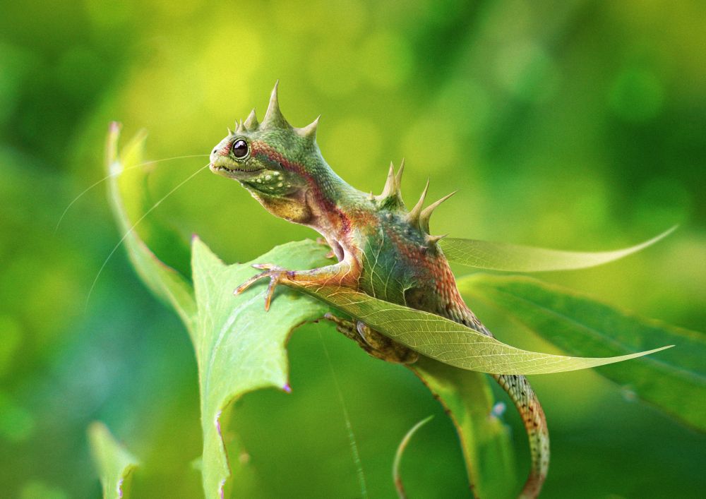 A digital illustration of a tiny red and green dragon perched on a leaf. 