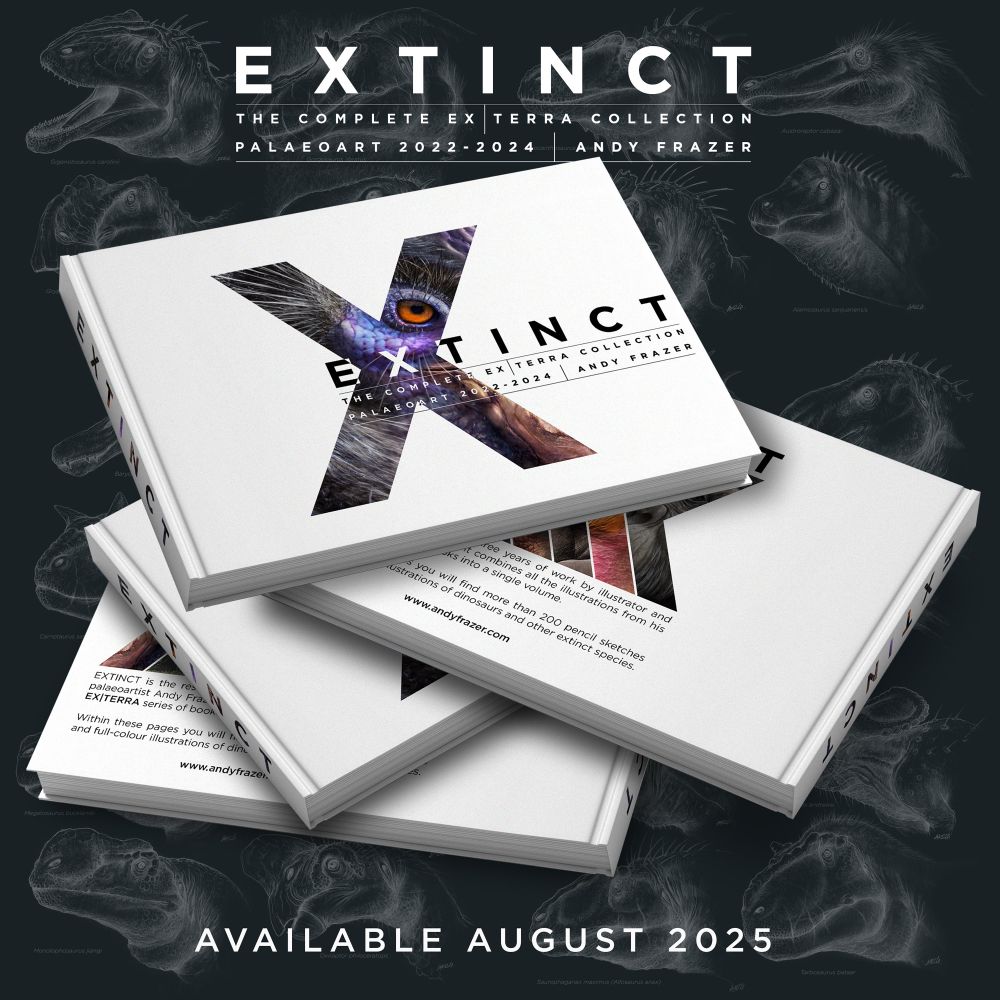 A mock up of “Extinct” - a hardback art book. The book has a white cover, with a large “X” on the front, within which is a close-up illustration of the eye and face of a dinosaur. 