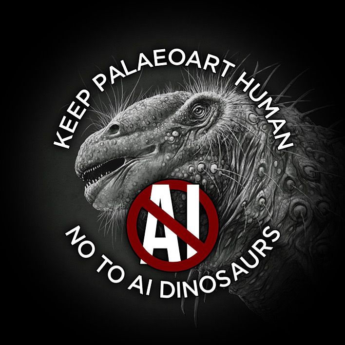 A pin badge design: a black background with a black and white hand drawn illustration of a large sauropod dinosaur. The text on the badge reads “KEEP PALAEOART HUMAN, NO TO AI DINOSAURS” along with a “no AI” icon. 