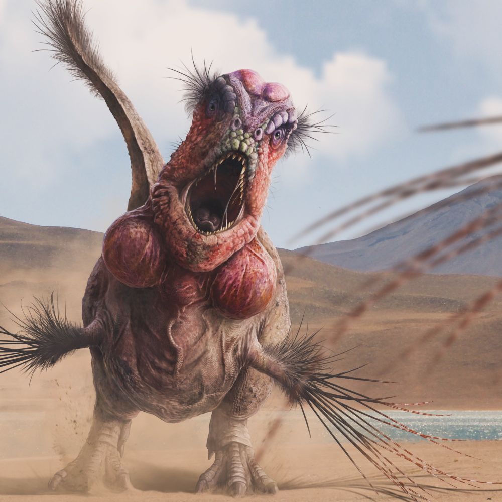 A digital illustration of a large, bipedal dinosaur, facing towards the viewer. Long feathers quills sprout from its tiny forelimbs. Its head is a mix of red and purple hues with sharp-toothed jaws opened wide. Two large inflatable sacs beneath its jaw bulge outward. 