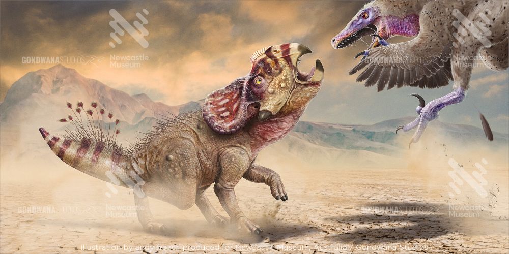 Digital illustration of velociraptor - a small predatory dinosaur leaping towards protoceratops - a beaked, herbivorous dinosaur, amidst a dusty desert landscape. 