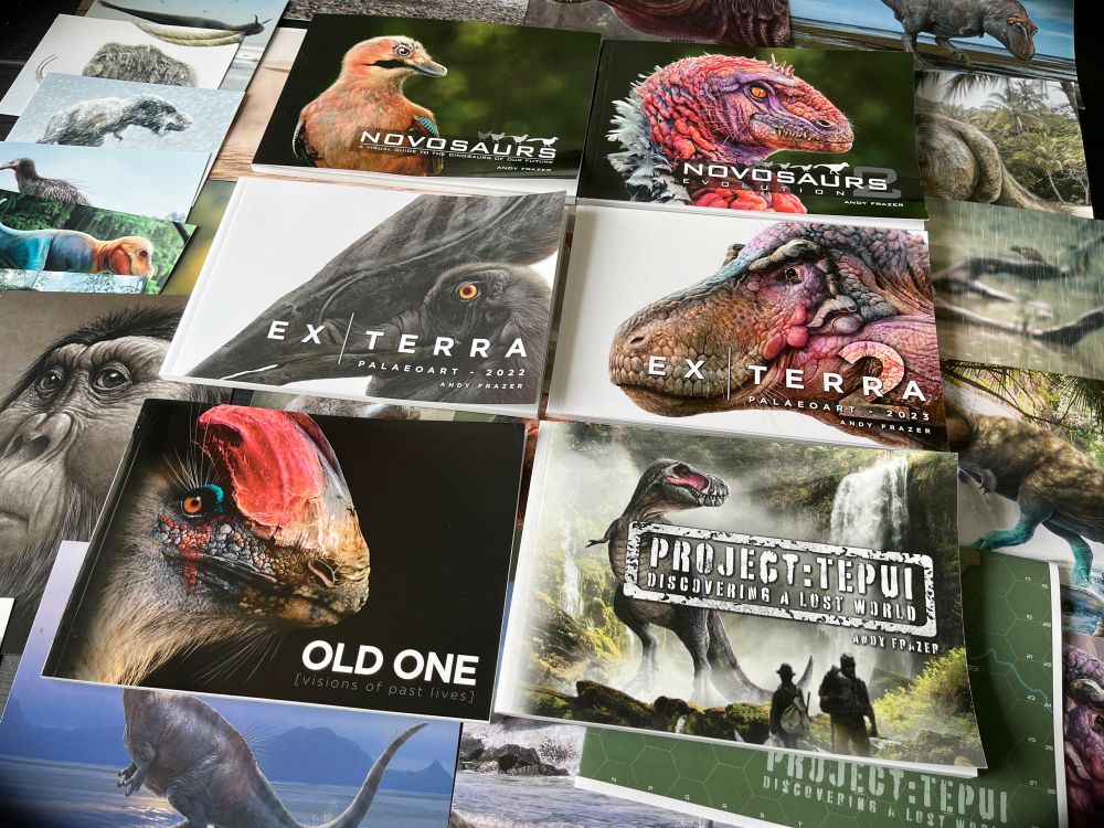 A promotional photo of my colourful dinosaur art books. 