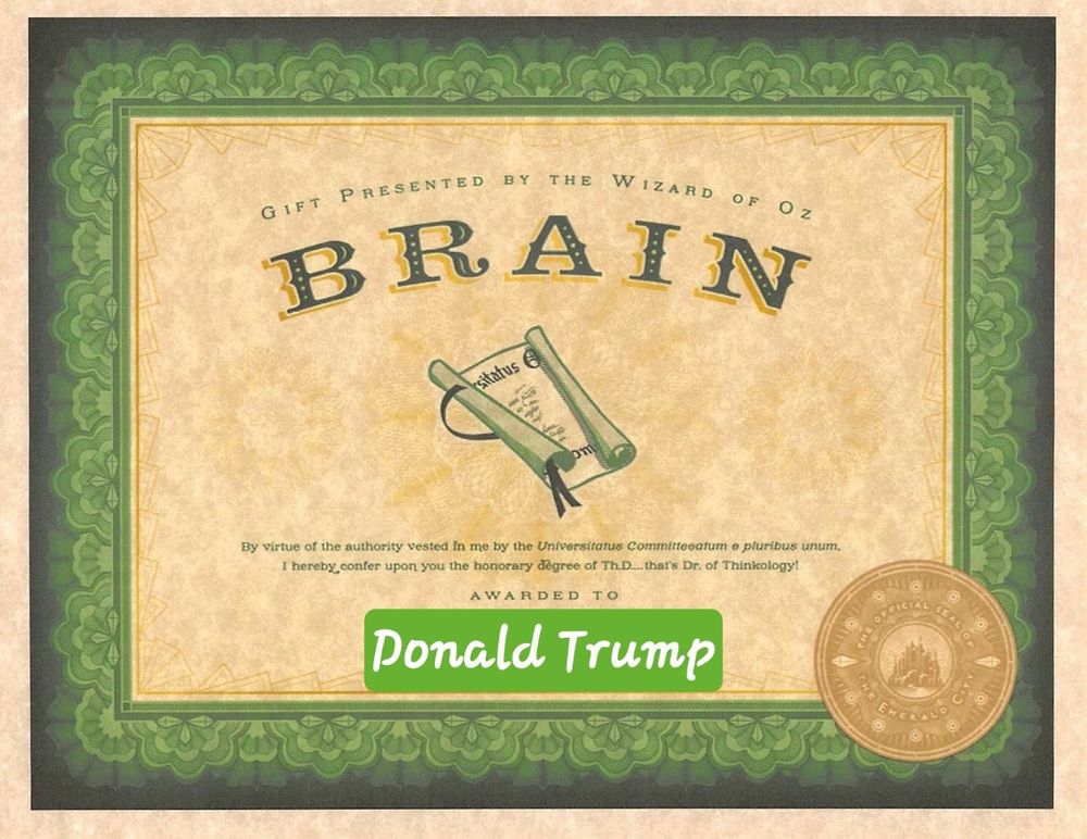 "Gift presented by the Wizard of Oz: Brain certificate. Awarded to Donald Trump."
